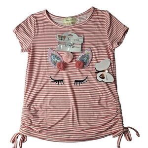 Girls' Pink Blouse With Stripes Unicorn Sequin‎ Top Size 7 with Bracelets